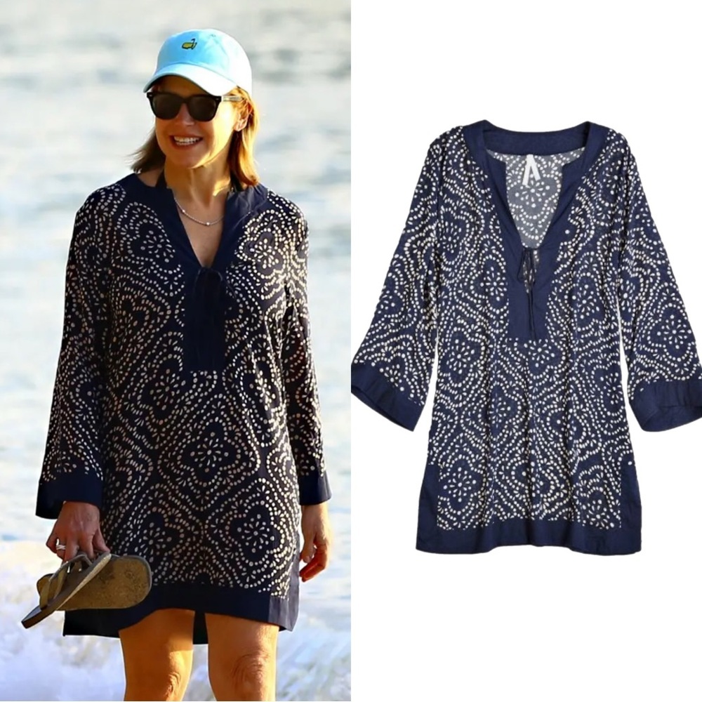 CoolChange Navy Cream Moroccan Quatrefoil Tunic Beach Coverup S
